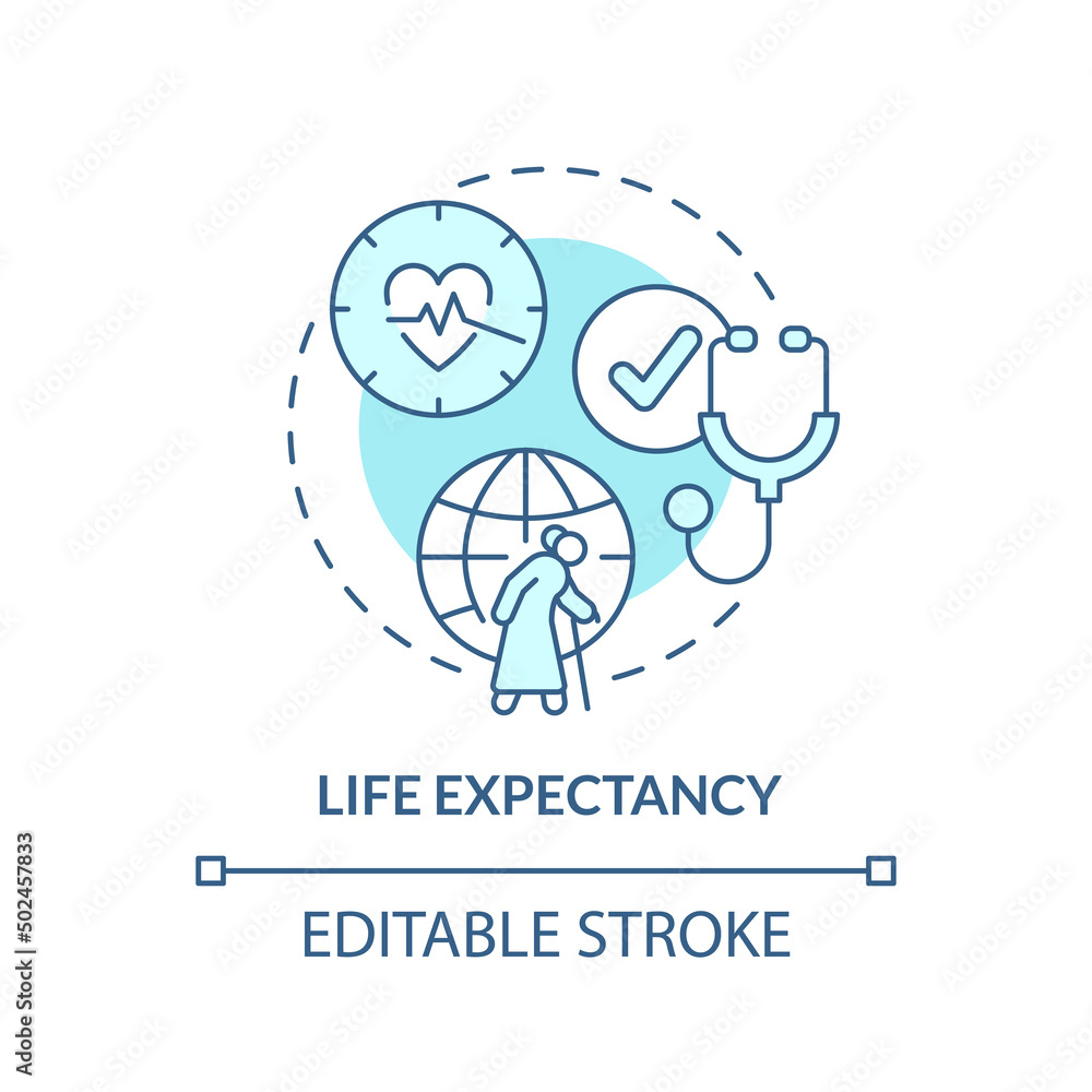 Life expectancy turquoise concept icon. Social care. Measure of human development abstract idea thin line illustration. Isolated outline drawing. Editable stroke. Arial, Myriad Pro-Bold fonts used Life expectancy turquoise concept icon. Social care. Measure of human development abstract idea thin line illustration. Isolated outline drawing. Editable stroke. Arial, Myriad Pro-Bold fonts used
