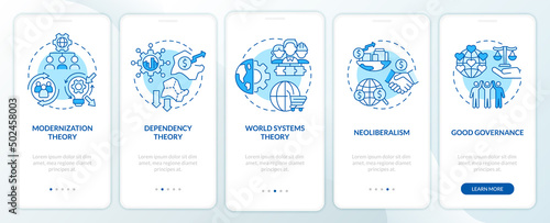 Society theories blue onboarding mobile app screen. Global process walkthrough 5 steps graphic instructions pages with linear concepts. UI, UX, GUI template. Myriad Pro-Bold, Regular fonts used