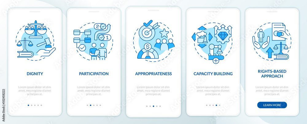Concepts of international cooperation blue onboarding mobile app screen. Walkthrough 5 steps graphic instructions pages with linear concepts. UI, UX, GUI template. Myriad Pro-Bold, Regular fonts used