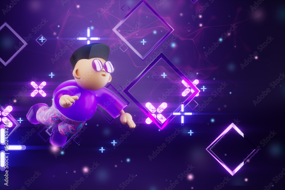 Naklejka premium Cartoon character inside Virtual Digital Reality, metaverse. Future, metaverse technology concept, cyberuniverse, communication, blockchain, futuristic network. 3D illustration, 3D rendering.