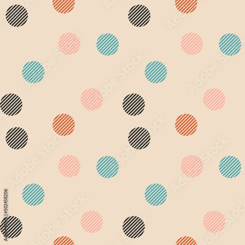Colorful retro straight line circle, random seamless pattern on the cream background. Vector illustration.
