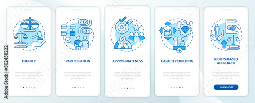 Concepts of international cooperation blue onboarding mobile app screen. Walkthrough 5 steps graphic instructions pages with linear concepts. UI, UX, GUI template. Myriad Pro-Bold, Regular fonts used
