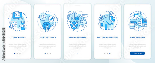 Measures of human development blue onboarding mobile app screen. Walkthrough 5 steps graphic instructions pages with linear concepts. UI, UX, GUI template. Myriad Pro-Bold, Regular fonts used