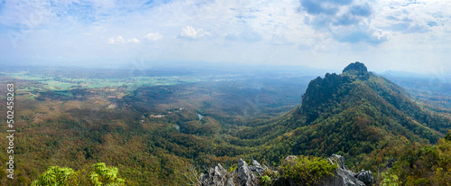 Aerial view of Wat Chaloem Phra Kiat Phrachomklao Rachanusorn, sky pagodas on top of mountain in Lampang Thailand photo