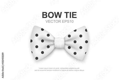Vector 3d Realistic White Polka Dot Bow Tie Icon Closeup Isolated on White. Silk Glossy Bowtie, Tie Gentleman. Mockup, Design Template. Bow tie for Man. Mens Fashion, Fathers Day Holiday
