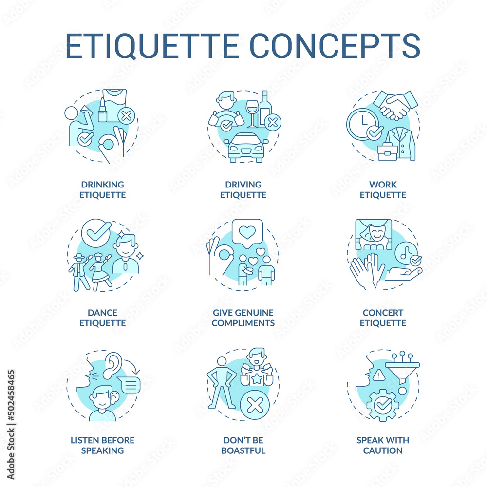 Etiquette turquoise concept icons set. Set of rules and norms. Ethical behavior idea thin line color illustrations. Isolated symbols. Editable stroke. Roboto-Medium, Myriad Pro-Bold fonts used Etiquette turquoise concept icons set. Set of rules and norms. Ethical behavior idea thin line color illustrations. Isolated symbols. Editable stroke. Roboto-Medium, Myriad Pro-Bold fonts used