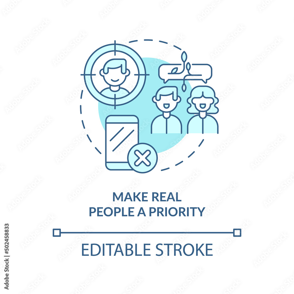 Make real people priority turquoise concept icon. Internet communication. Netiquette abstract idea thin line illustration. Isolated outline drawing. Editable stroke. Arial, Myriad Pro-Bold fonts used Make real people priority turquoise concept icon. Internet communication. Netiquette abstract idea thin line illustration. Isolated outline drawing. Editable stroke. Arial, Myriad Pro-Bold fonts used