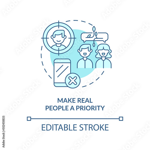 Make real people priority turquoise concept icon. Internet communication. Netiquette abstract idea thin line illustration. Isolated outline drawing. Editable stroke. Arial, Myriad Pro-Bold fonts used
