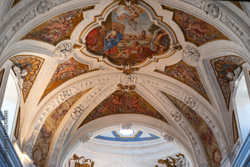 The interior with frescoes of the church of Certosa di San Lorenzo  in Padula  Italy.