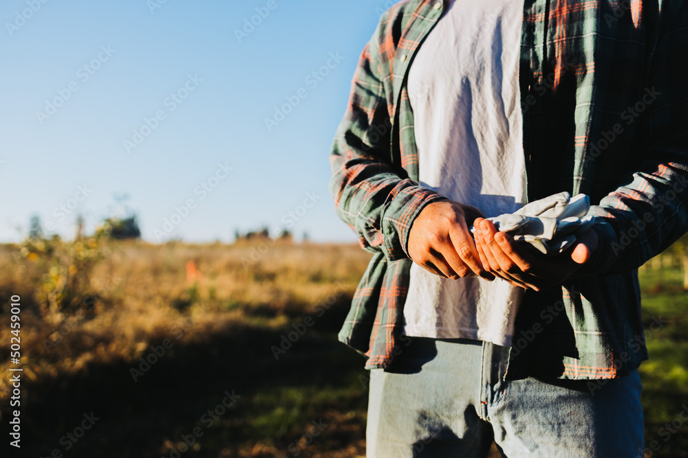 Unrecognizable farmer man holding gardening gloves in the middle of the field. Agricultural sustainability concept.
