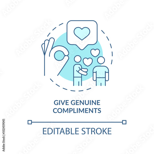 Give genuine compliments turquoise concept icon. Politeness, respect. Basic etiquette abstract idea thin line illustration. Isolated outline drawing. Editable stroke. Arial, Myriad Pro-Bold fonts used