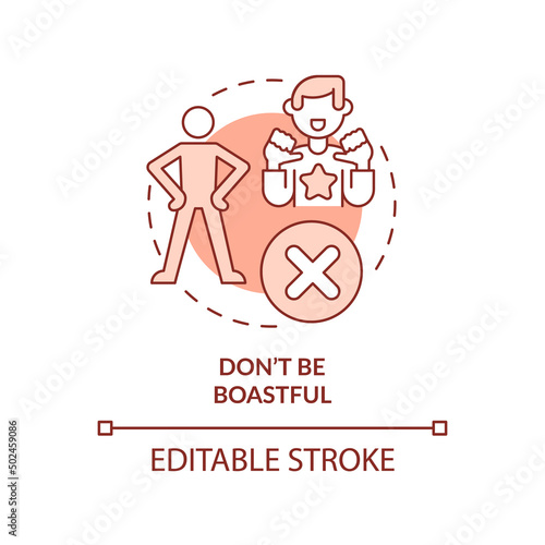 Do not be boastful red concept icon. Be modest and humble. Basic etiquette rule abstract idea thin line illustration. Isolated outline drawing. Editable stroke. Arial, Myriad Pro-Bold fonts used