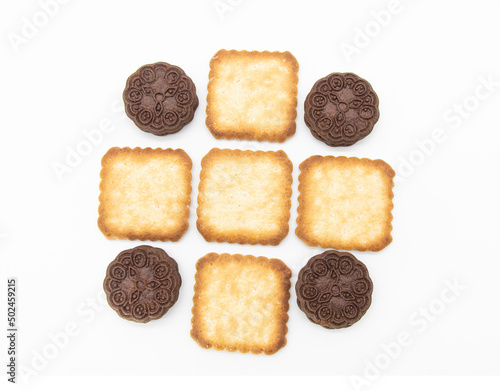 two types biscuit or cookies isolated on white background, Top view, rectangular design