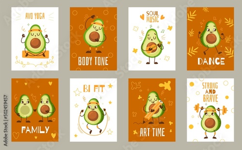 Cartoon avocado cards. Cute comic character, healthy lifestyle, sportive mascot, funny vegetable postcards, vegan food, athlete banners, exercises with barbell, yoga and dance, vector set