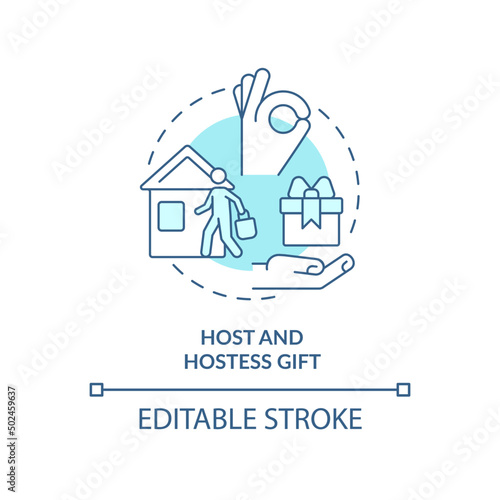Host and hostess gift turquoise concept icon. Bring present. Social etiquette abstract idea thin line illustration. Isolated outline drawing. Editable stroke. Arial, Myriad Pro-Bold fonts used