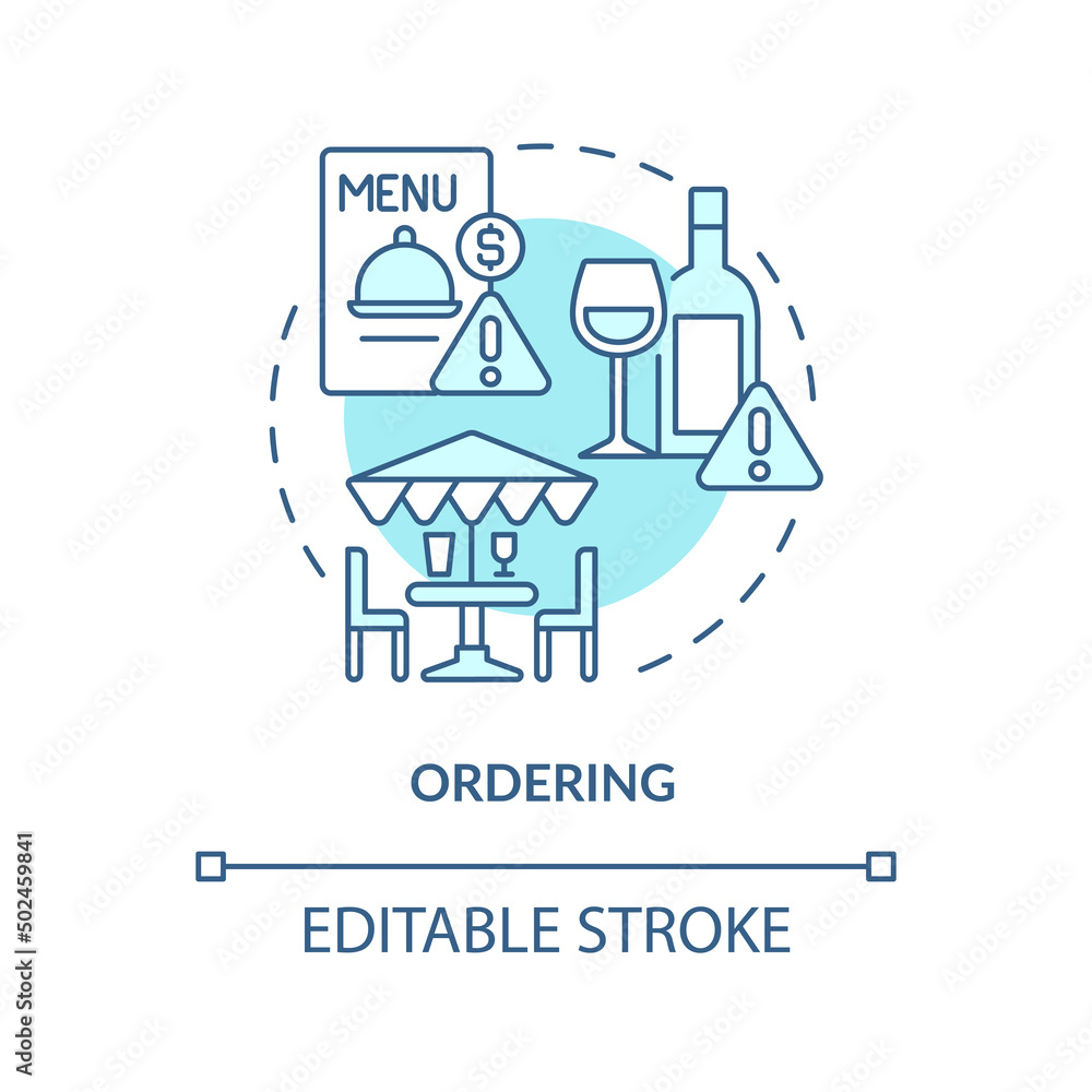Ordering turquoise concept icon. Table manners. Dining rules. Restaurant etiquette abstract idea thin line illustration. Isolated outline drawing. Editable stroke. Arial, Myriad Pro-Bold fonts used Ordering turquoise concept icon. Table manners. Dining rules. Restaurant etiquette abstract idea thin line illustration. Isolated outline drawing. Editable stroke. Arial, Myriad Pro-Bold fonts used