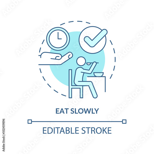Eat slowly turquoise concept icon. Do not hurry. Table manners. Restaurant etiquette abstract idea thin line illustration. Isolated outline drawing. Editable stroke. Arial, Myriad Pro-Bold fonts used