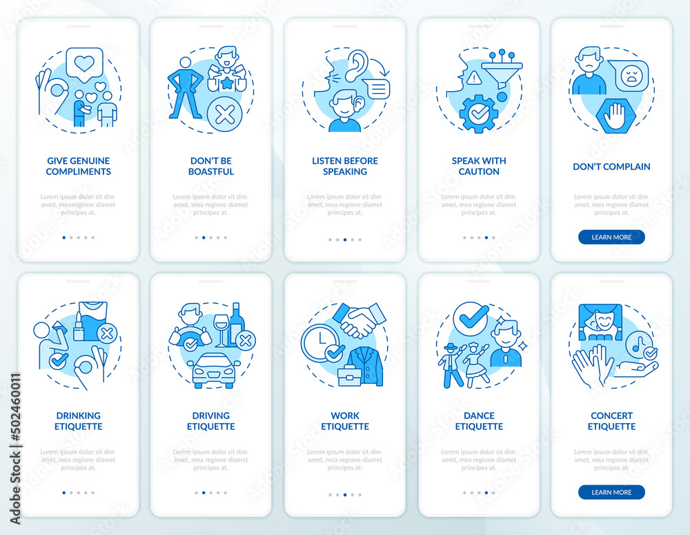 Etiquette blue onboarding mobile app screen set. Basic rules walkthrough 5 steps graphic instructions pages with linear concepts. UI, UX, GUI template. Myriad Pro-Bold, Regular fonts used