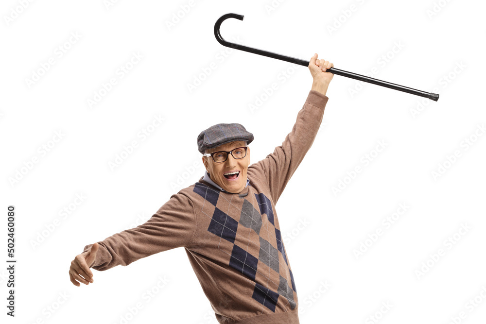Happy elderly man dancing with his walking cane up Happy elderly man dancing with his walking cane up