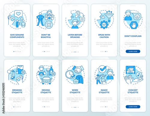 Etiquette blue onboarding mobile app screen set. Basic rules walkthrough 5 steps graphic instructions pages with linear concepts. UI, UX, GUI template. Myriad Pro-Bold, Regular fonts used