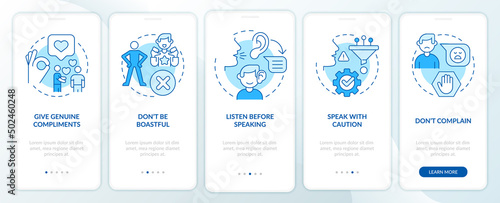 Basic etiquette rules blue onboarding mobile app screen. Set of norms walkthrough 5 steps graphic instructions pages with linear concepts. UI, UX, GUI template. Myriad Pro-Bold, Regular fonts used