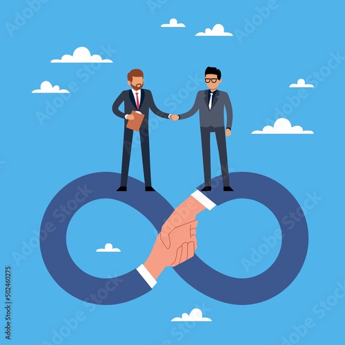Long term cooperation. Lifetime warranty, businessman shaking hands, infinity sign. Business partners handshake, strategy of collaboration and partnership, vector cartoon flat concept