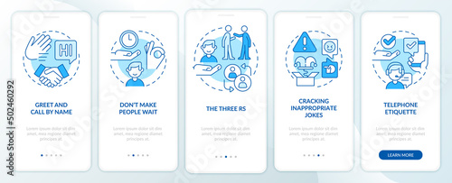 Business etiquette blue onboarding mobile app screen. Set of rules walkthrough 5 steps graphic instructions pages with linear concepts. UI, UX, GUI template. Myriad Pro-Bold, Regular fonts used