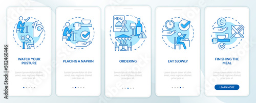 Restaurant etiquette blue onboarding mobile app screen. Table manners walkthrough 5 steps graphic instructions pages with linear concepts. UI, UX, GUI template. Myriad Pro-Bold, Regular fonts used