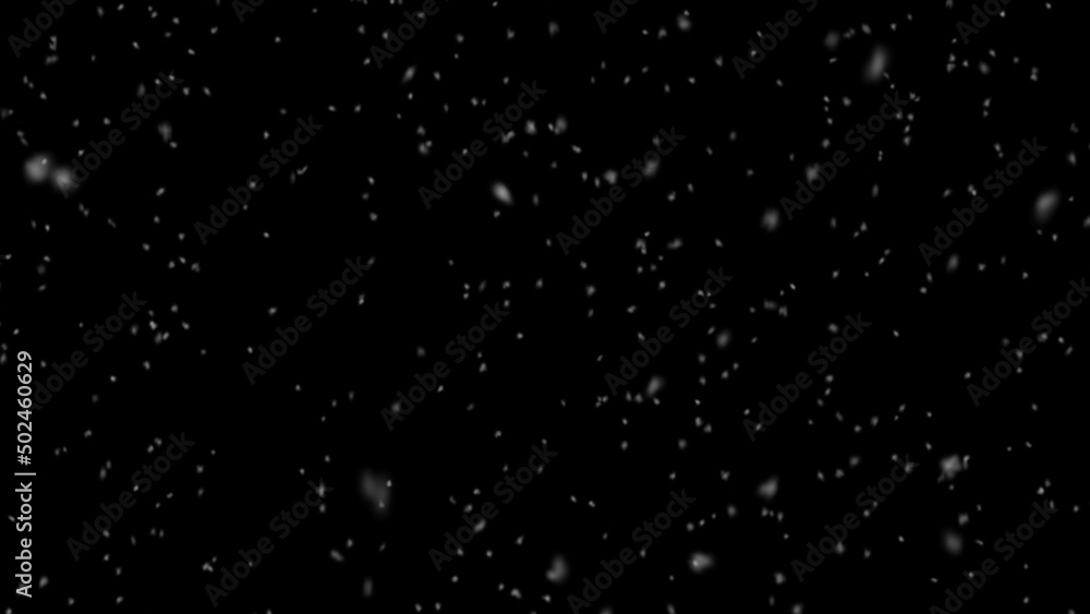 Falling snowflakes isolated on black background. Realistic snow falling animation. 3d rendering
