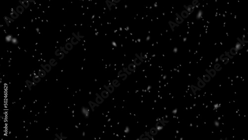 Falling snowflakes isolated on black background. Realistic snow falling animation. 3d rendering