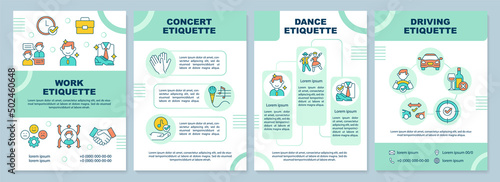 Etiquette types brochure template. Ethical code. Rules and norms. Leaflet design with linear icons. 4 vector layouts for presentation, annual reports. Arial-Black, Myriad Pro-Regular fonts used