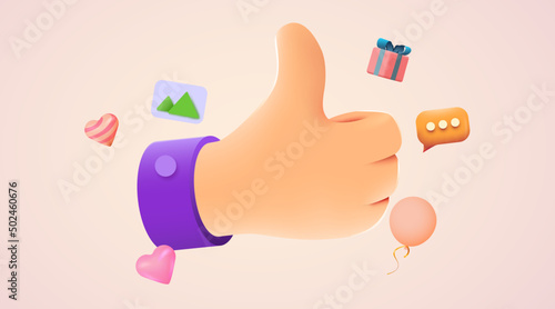 Cartoon human hand with thumb. Concept of like at social network, success or good feedback. photo