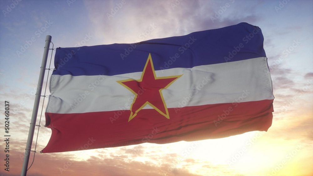 The national flag of Yugoslavia flutters in the wind. 3d rendering - obrazy, fototapety, plakaty 
