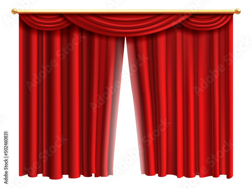 Opening theatre curtains. Red cinema stage drapes