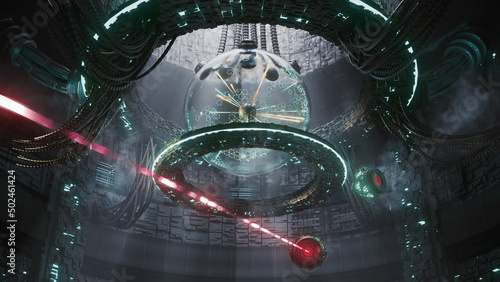 3d render Futuristic energy pulsating ball in a round hall with wires and flying drones with lasers