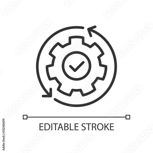 Automation pixel perfect linear icon. Manufacturing process. Boost efficiency. Replacing manual labor. Thin line illustration. Contour symbol. Vector outline drawing. Editable stroke. Arial font used photo