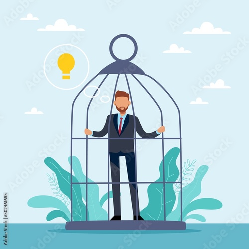 There is no way out for an idea. Invaluable potential. Creative crisis, sad man in cage, light bulb in bubble, problems with imagination, failure in work no inspiration, vector concept