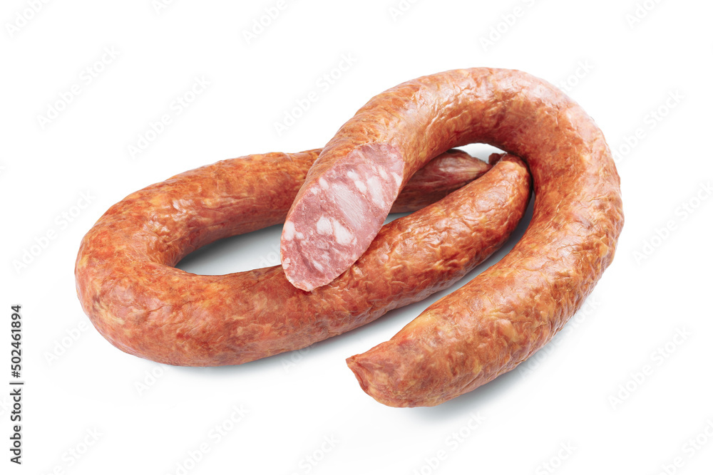 Photo of smoked pork sausages isolated on white background. Photo of smoked pork sausages isolated on white background.
