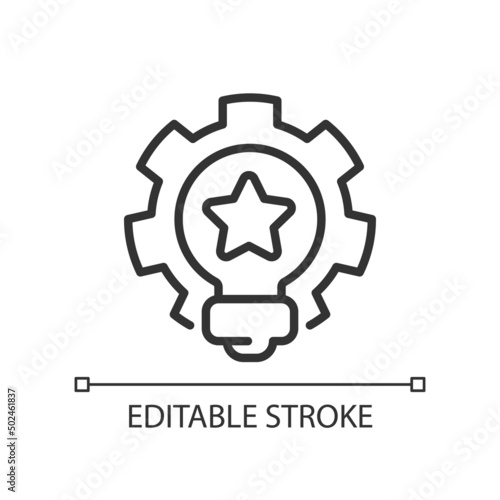 Branding pixel perfect linear icon. Improve brand recognition. Company identity. Positive perception. Thin line illustration. Contour symbol. Vector outline drawing. Editable stroke. Arial font used