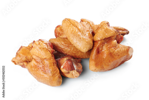 Cold smoked chicken wings over white background.