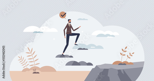 Contentment and emotional satisfaction feeling about life tiny person concept. Carefree attitude and overall happiness about successful business vector illustration. Freedom as walking in clouds.