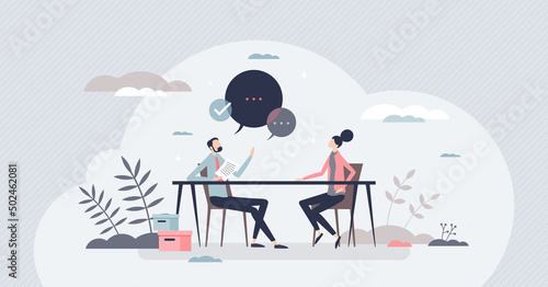 Career counselor and job mentor or guidance expert tiny person concept. Motivation lesson and inspiration coaching with employee future opportunity and vision strategy potential vector illustration. photo