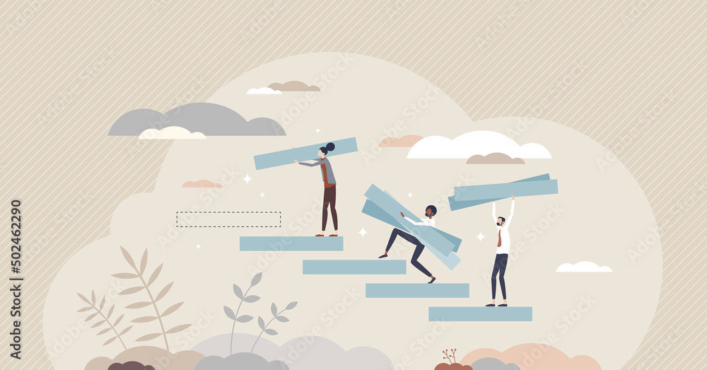 Building confidence with motivation or career development tiny person concept. Business growth as ladder or staircase climbing with help of partners and teamwork vector illustration. Job improvement. Building confidence with motivation or career development tiny person concept. Business growth as ladder or staircase climbing with help of partners and teamwork vector illustration. Job improvement.