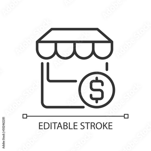 Small business pixel perfect linear icon. Micro enterprise. E commerce. Commercial property. Thin line illustration. Contour symbol. Vector outline drawing. Editable stroke. Arial font used