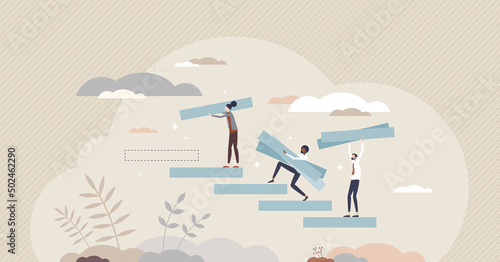 Building confidence with motivation or career development tiny person concept. Business growth as ladder or staircase climbing with help of partners and teamwork vector illustration. Job improvement. photo