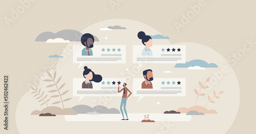 Customer online reviews about product satisfaction tiny person concept. Purchase quality evaluation and rating comparison with stars review vector illustration. User performance experience survey.