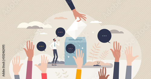 Democracy state government system with vote choice tiny person concept. Speech freedom and political opinion election as country ideology for free people constitution vector illustration. Poll event.