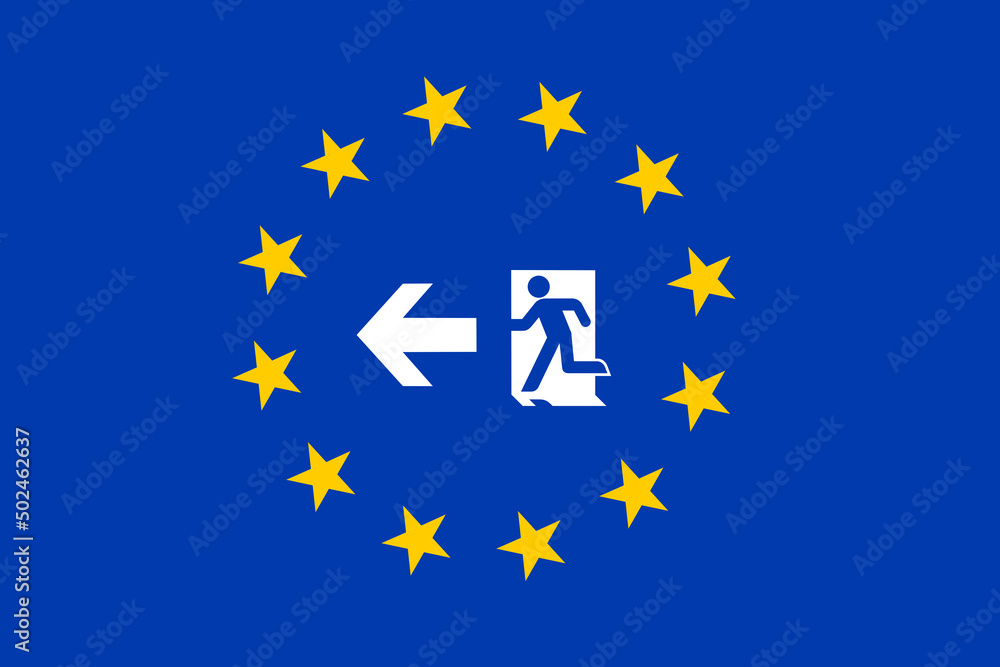 Flag of European union and symbol of exit - member escape and secession from EU. Vector illustration.