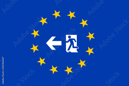 Flag of European union and symbol of exit - member escape and secession from EU. Vector illustration.