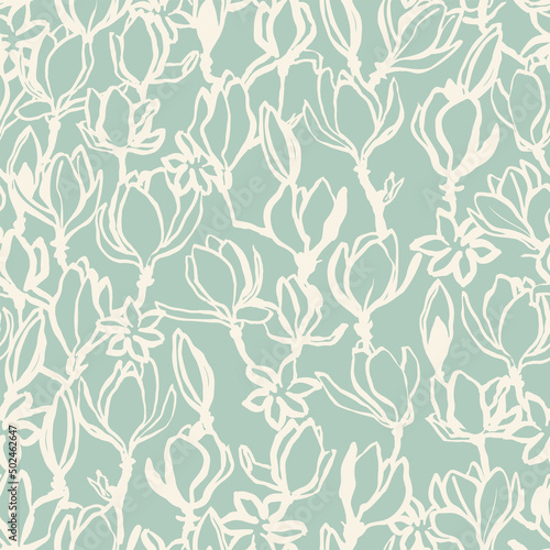 Floral seamless pattern. Colorful vintage vector background with hand drawn magnolia flower. Nostalgic retro fashion print for fabric, paper, goods, home textile